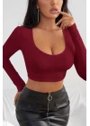 Kadın Bordo Uzun Kol Kare Yaka Crop Top Bluz