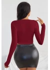 Kadın Bordo Uzun Kol Kare Yaka Crop Top Bluz