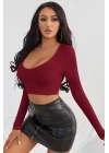 Kadın Bordo Uzun Kol Kare Yaka Crop Top Bluz