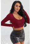 Kadın Bordo Uzun Kol Kare Yaka Crop Top Bluz