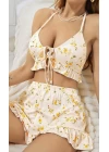 Kadın Çiçekli Ekru Askılı Şortlu Pijama Takım 6646