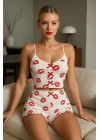 Kadın Dudak Desenli Şortlu Pijama Takımı