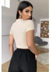 Kadın Ekru Göğüs Dekolteli Yarım Kollu Cut Out Crop Top Bluz