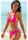 Kadın Fuşya Belden, Boyundan Bağlamalı ve Ayarlanabilir Külotlu Üçgen Bikini Mayo Takımı