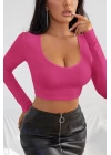 Kadın Fuşya Uzun Kol Kare Yaka Crop Top Bluz