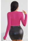 Kadın Fuşya Uzun Kol Kare Yaka Crop Top Bluz