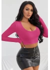 Kadın Fuşya Uzun Kol Kare Yaka Crop Top Bluz