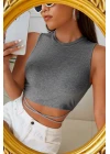 Kadın Gri Çapraz Bağlamalı Crop Top Büstiyer
