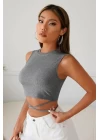 Kadın Gri Çapraz Bağlamalı Crop Top Büstiyer