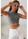 Kadın Gri Çapraz Bağlamalı Crop Top Büstiyer