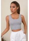 Kadın Gri Kare Yaka Crop Top Bluz