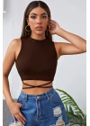 Kadın Kahverengi Çapraz Bağlamalı Crop Top Büstiyer