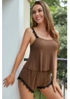 Kadın Kahverengi Dantelli Şortlu Pijama Takımı