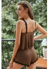 Kadın Kahverengi Dantelli Şortlu Pijama Takımı