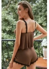 Kadın Kahverengi Dantelli Şortlu Pijama Takımı
