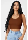 Kadın Kahverengi Kare Yaka Crop Top Bluz