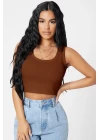 Kadın Kahverengi Kare Yaka Crop Top Bluz