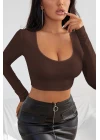 Kadın Kahverengi Uzun Kol Kare Yaka Crop Top Bluz