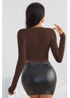 Kadın Kahverengi Uzun Kol Kare Yaka Crop Top Bluz