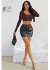 Kadın Kahverengi Uzun Kol Kare Yaka Crop Top Bluz