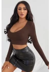Kadın Kahverengi Uzun Kol Kare Yaka Crop Top Bluz