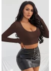 Kadın Kahverengi Uzun Kol Kare Yaka Crop Top Bluz