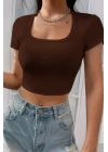 Kadın Kahverengi Yarım Kol Düz Yaka Crop Top Bluz