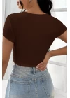 Kadın Kahverengi Yarım Kol Düz Yaka Crop Top Bluz