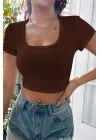 Kadın Kahverengi Yarım Kol Düz Yaka Crop Top Bluz