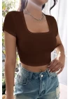 Kadın Kahverengi Yarım Kol Düz Yaka Crop Top Bluz