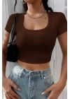 Kadın Kahverengi Yarım Kol Düz Yaka Crop Top Bluz