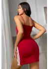 Kadın Kırmızı Bacak Yırtmaçlı Beyaz Dantelli Ve Fiyonklu Şık Gecelik