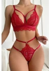 Kadın Kırmızı Cut-Out Büstiyerli Beli Çapraz Lastikli Külotlu Çamaşır Takımı