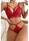 Kadın Kırmızı Cut-Out Büstiyerli Beli Çapraz Lastikli Külotlu Çamaşır Takımı