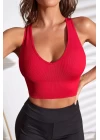 Kadın Kırmızı Derin Göğüs Dekolteli Şık Crop Top Bluz