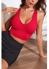 Kadın Kırmızı Derin Göğüs Dekolteli Şık Crop Top Bluz