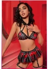 Kadın Kırmızı Ekose Etekli Liseli Seksi Kostüm