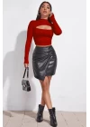 Kadın Kırmızı Göğüs Dekolteli Uzun Kollu Cut Out Crop Top Bluz