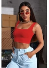 Kadın Kırmızı Kalın Askılı Crop Top Büstiyer