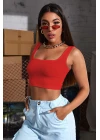 Kadın Kırmızı Kalın Askılı Crop Top Büstiyer