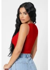 Kadın Kırmızı Kare Yaka Crop Top Bluz