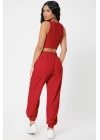Kadın Kırmızı Kaşkorse Cepli Jogger Eşofman Altı ve Crop Top Bluz