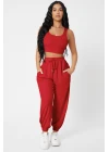 Kadın Kırmızı Kaşkorse Cepli Jogger Eşofman Altı ve Crop Top Bluz