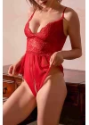 Kadın Kırmızı Özel Bölgesi Açık Dantelli Gecelik