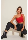 Kadın Kırmızı Tek Omuz Crop Büstiyer