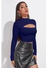 Kadın Lacivert Göğüs Dekolteli Uzun Kollu Cut Out Crop Top Bluz