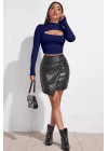 Kadın Lacivert Göğüs Dekolteli Uzun Kollu Cut Out Crop Top Bluz