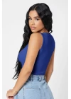 Kadın Lacivert Kare Yaka Crop Top Bluz