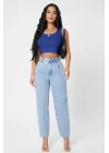 Kadın Lacivert Kare Yaka Crop Top Bluz