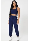 Kadın Lacivert Kaşkorse Cepli Jogger Eşofman Altı Ve Crop Top Bluz